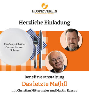 Plakat mit orange-weiß karierter Tischdecke, Teller und Besteck und zwei Portraits