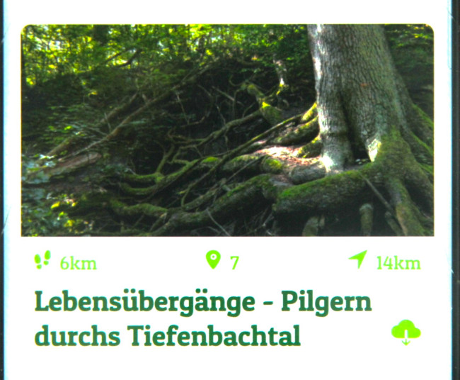 Screensho Pilgerapp mit Bild von Baum dessen Wurzeln freigelegt sind